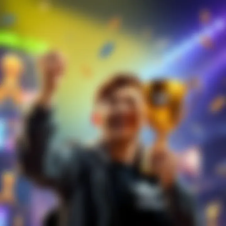 A gamer smiling and holding a trophy representing their achievement in earning money through gaming and ads.