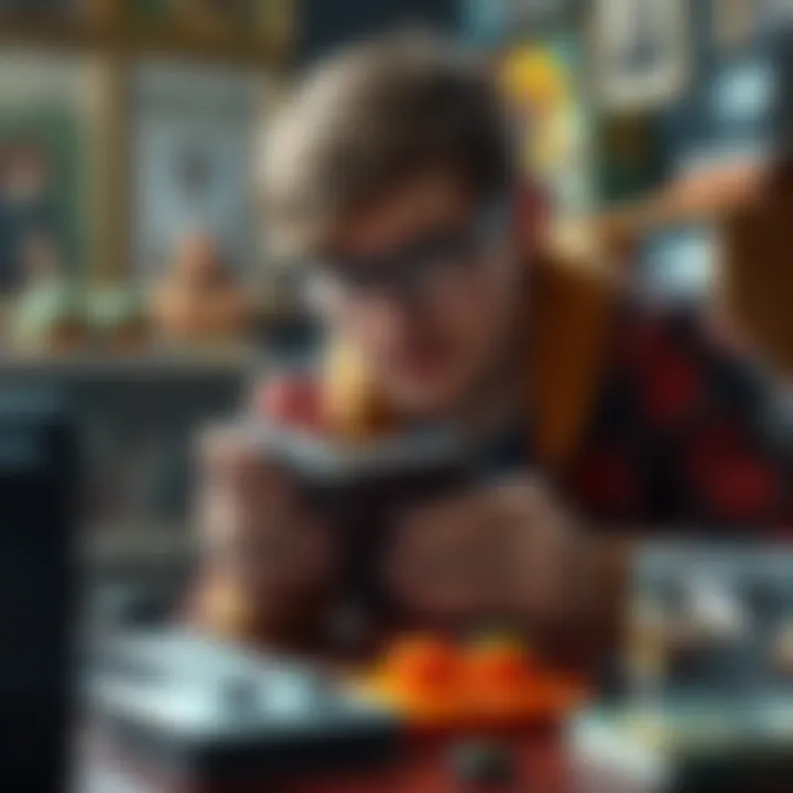 A gamer examines a unique video game wallet found at an estate sale, sitting at a table with collectibles and a curious expression