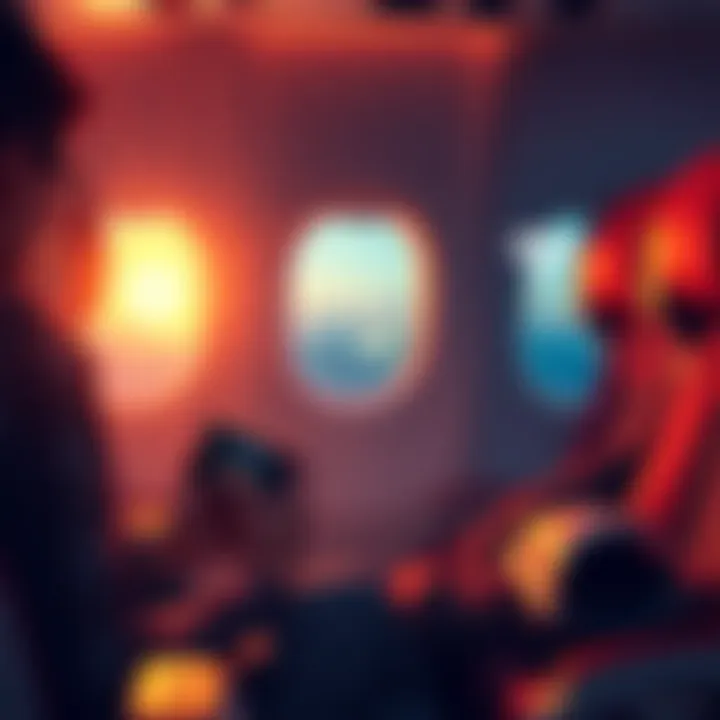 A person sitting on an airplane, frustrated while trying to use the AE application on their device, with a WiFi signal icon showing low connectivity.