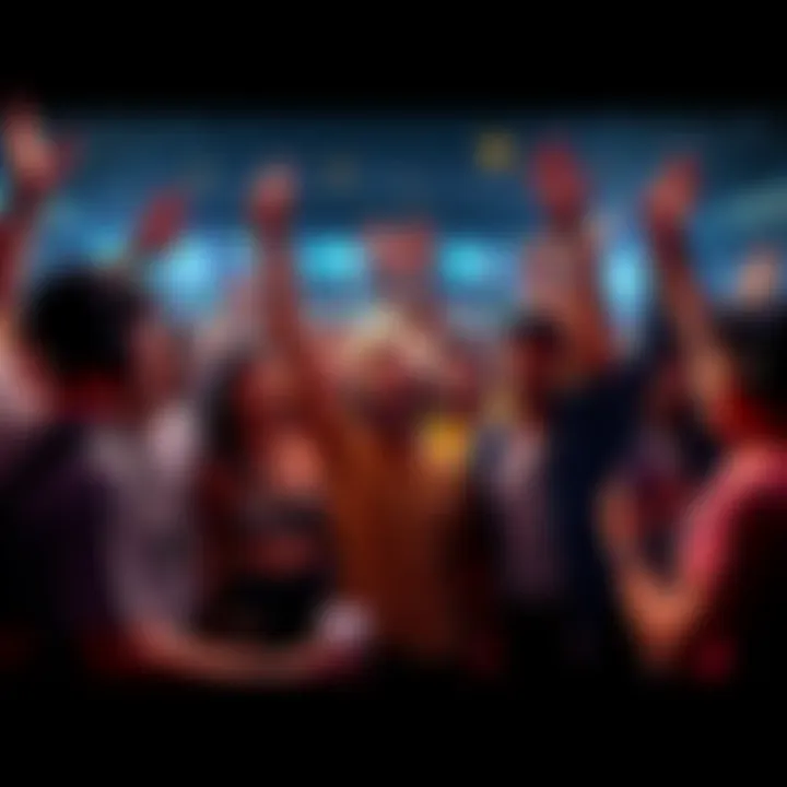 A group of players excitedly celebrating their progress in Atlas Earth, counting points towards final rewards.