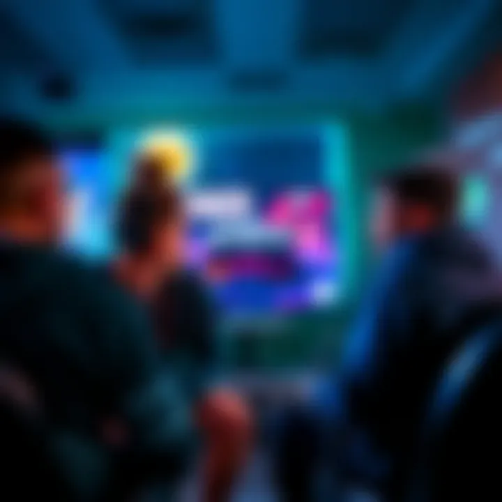 A group of gamers talking about zoom options in a video game, with game consoles and screens in the background.