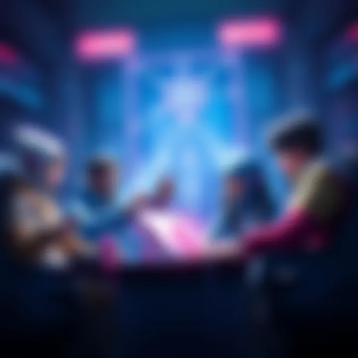 Gaming and Blockchain Fusion A visual representation of traditional gaming characters interacting with blockchain elements, symbolizing the connection between Ascent Rivals and Cardano technology.