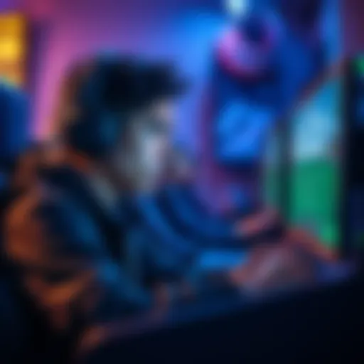 A dedicated gamer with a headset, focused on the screen, surrounded by gaming gear, showcasing intense playtime.