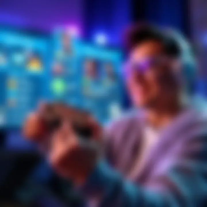 A person holding a game controller, smiling while looking at a screen showing game achievements.