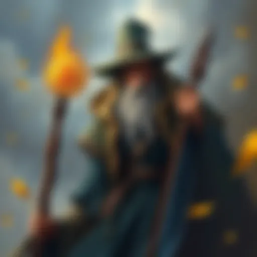 A painting of a wizard resembling Gandalf, holding a staff with a Bitcoin symbol, blending fantasy and cryptocurrency themes.