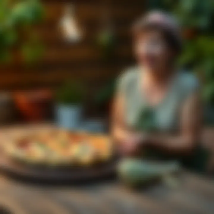 A garden lady standing next to an artichoke pizza on a table, looking surprised as if time is repeating itself.