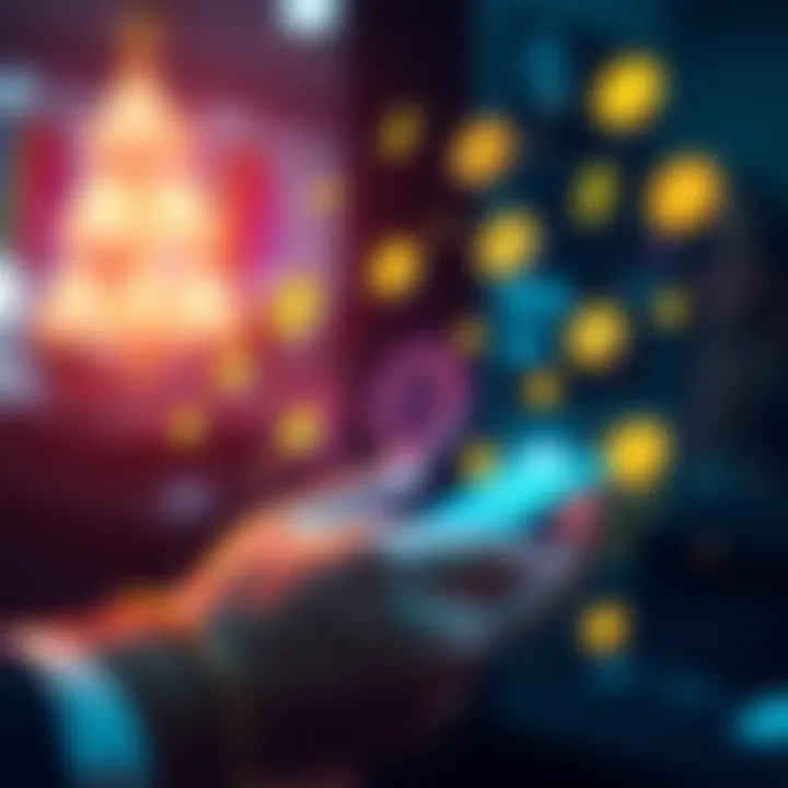 A person using a smartphone for a gasless cryptocurrency swap, surrounded by digital currency symbols