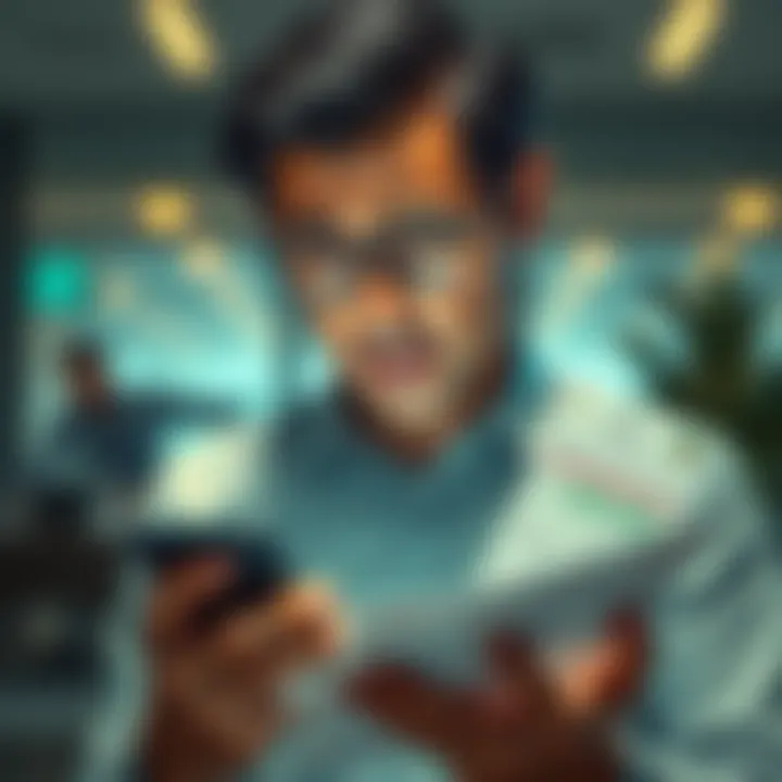 A worried person looking at financial documents with a phone in hand, expressing concern about investment issues.