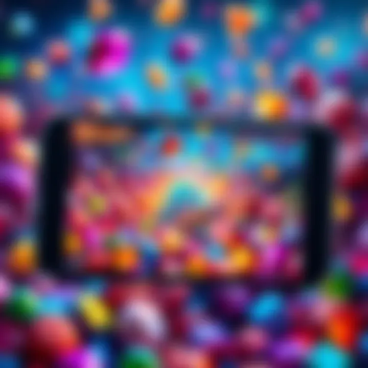 A smartphone displays a mobile game screen filled with colorful gems and a character collecting rewards