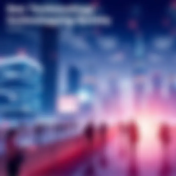 Gen Technology Impact on Society A modern city skyline showing technology integration in daily life with people using devices and engaging with smart environments.
