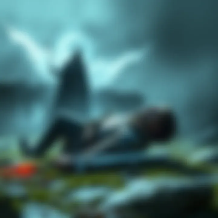 Gerard's Flashback Scene A warrior named Gerard lies on the ground, struggling from a poison arrow wound, his sword and sigil abandoned nearby. A shadowy figure of a sorceress looms in the background, suggesting a past betray...