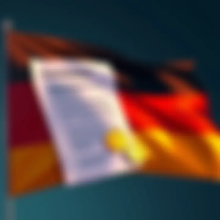 Illustration of the German flag with a tax document and cryptocurrency symbols, representing the proposed tax changes impacting HODLers.
