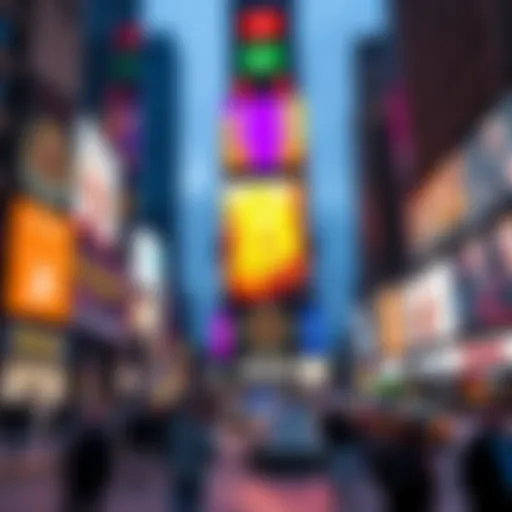 A massive Bitcoin advertisement lights up Times Square, surrounded by people and buildings, showcasing the influence of cryptocurrency in a busy cityscape.