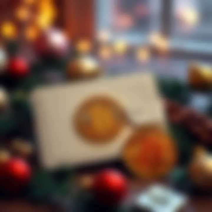 A paper wallet showing a Bitcoin QR code and a physical Bitcoin representation, surrounded by festive decorations, symbolizing gifting crypto.