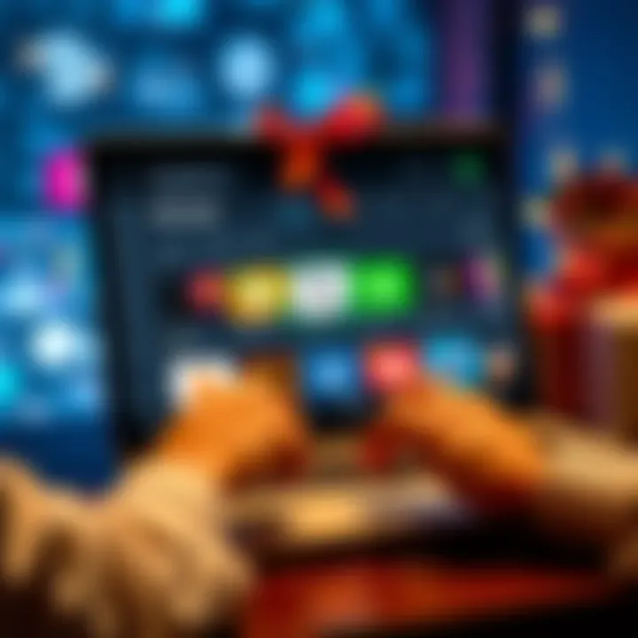 A person using a laptop to buy gift cards with Bitcoin, showcasing a digital wallet and gift card selections on the screen.