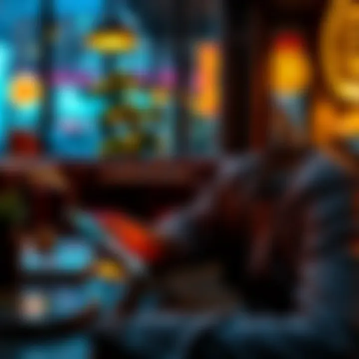 Person using a smartphone to buy gift cards with Bitcoin at a cafe