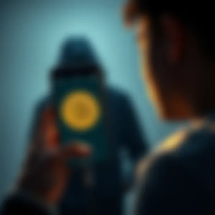 Gift of Bitcoin A person holding a smartphone displaying a Bitcoin wallet with a surprised expression, symbolizing receiving a gift of Bitcoin, while a shadowy figure in the background represents the missing donor.