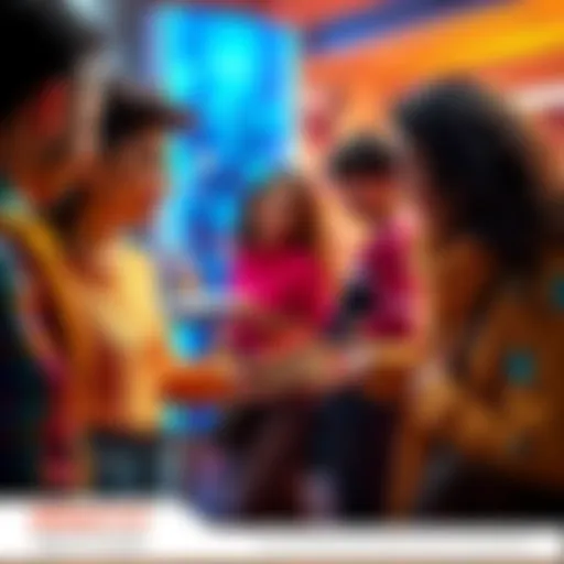 A group of friends exchanging colorful Atlas Bugs as gifts, smiling and connecting with each other.