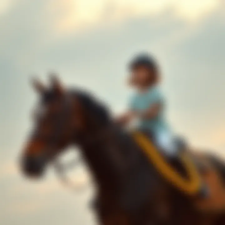 Girl riding a large horse A young girl riding a big horse without a helmet, showing safety concerns