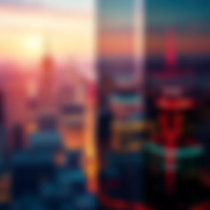 A visual representation of a glitch in the digital world, showing distorted images and colors layered over a city skyline.