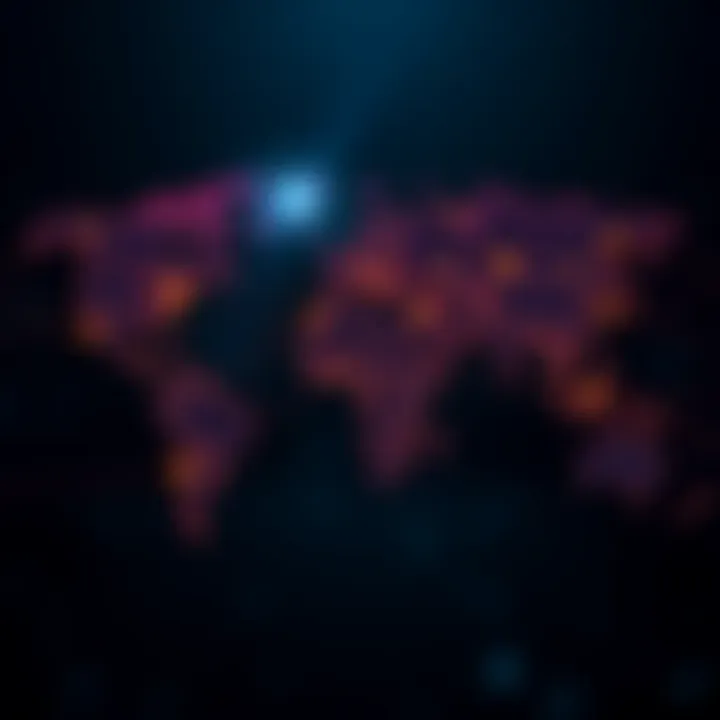 A digital map showcasing interconnected cryptocurrency networks around the world, highlighting varying adoption rates across regions.