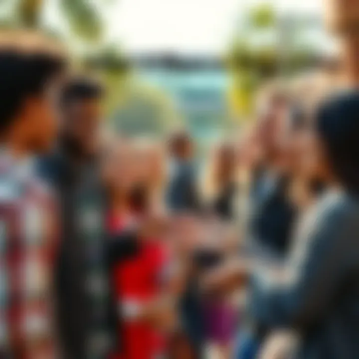 A group of diverse people exchanging friendly greetings with smiles in a bright outdoor setting, showcasing the positivity of the GM phrase.