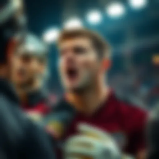 A goalkeeper looking frustrated after a points deduction during a match, reflecting community outrage.