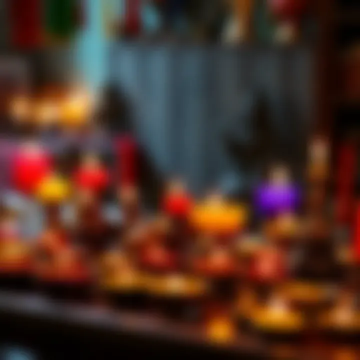 Various godcandles in different colors and shapes displayed on a wooden table, creating a warm and inviting atmosphere