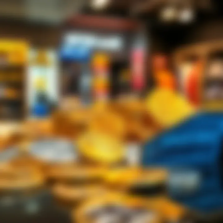 A display of gold and silver coins on a retail counter, symbolizing their value as currency