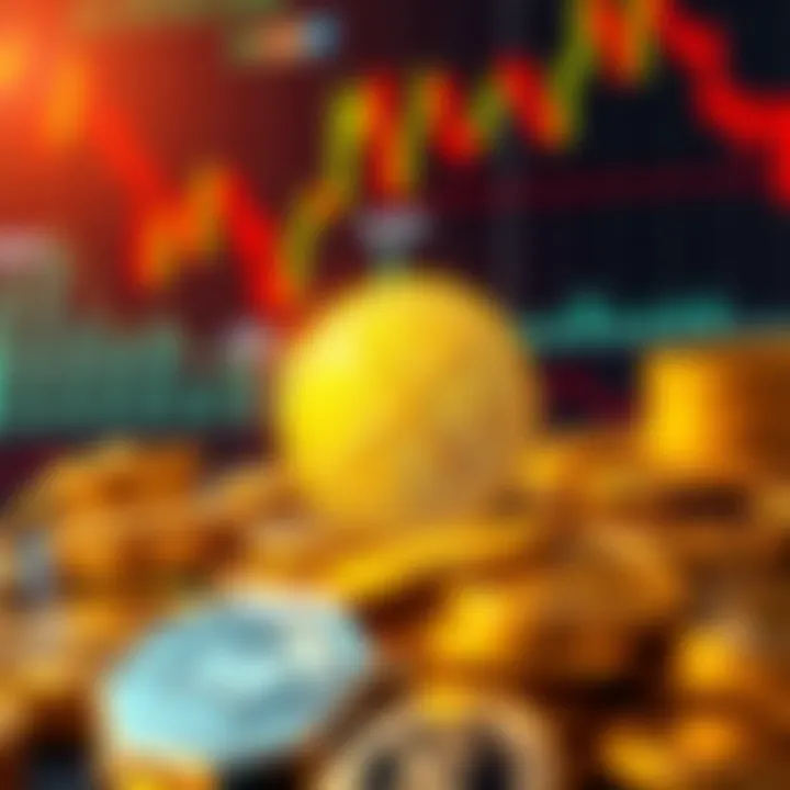 Gold coins and XRP symbol against a backdrop of declining financial charts and rising silver prices