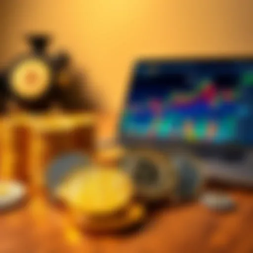 An assortment of gold-backed cryptocurrency coins like Pax Gold and Tether Gold on a wooden table, with a laptop showing a trading platform in the background.