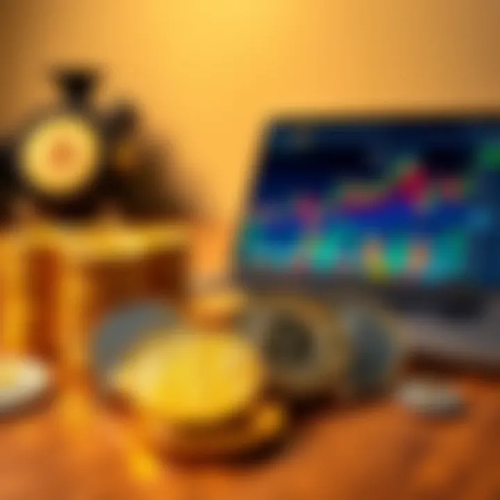 An assortment of gold-backed cryptocurrency coins like Pax Gold and Tether Gold on a wooden table, with a laptop showing a trading platform in the background.