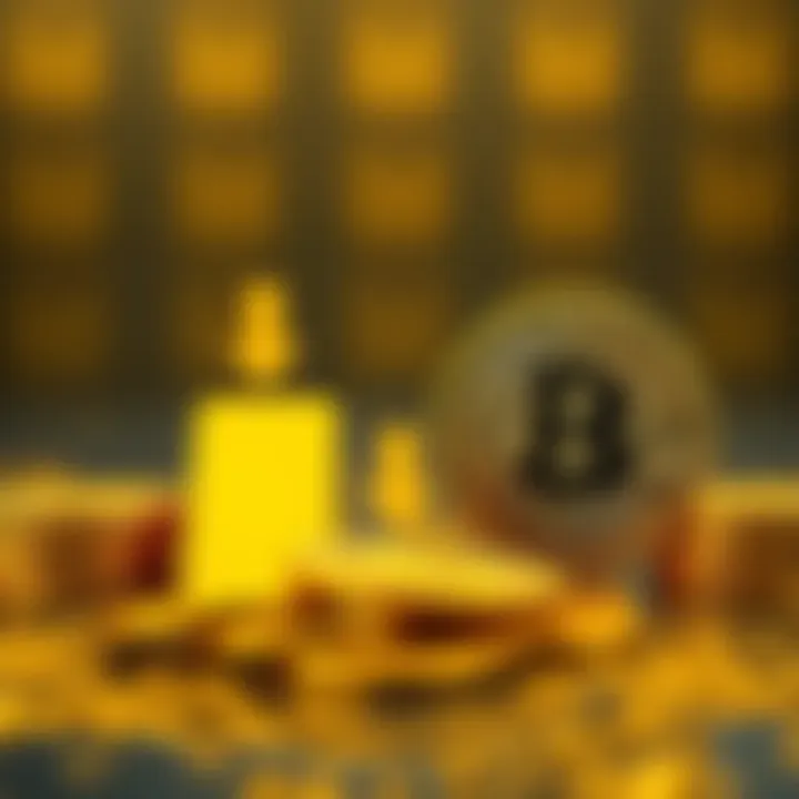 A visual representation showing gold bars and Bitcoin coins side by side, highlighting their market trends, with downward arrows indicating a potential decline.