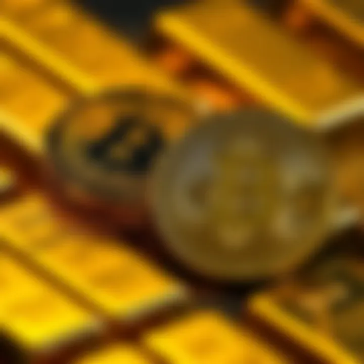 A visual comparison of gold bars and a Bitcoin coin, highlighting the stability of gold against the backdrop of declining Bitcoin values.