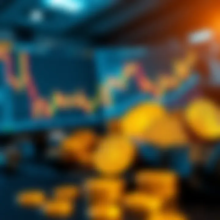 A trader analyzing charts with gold coins and tokenized gold icons like XAUT and PAXG in the background, representing futures trading with gold-backed assets.