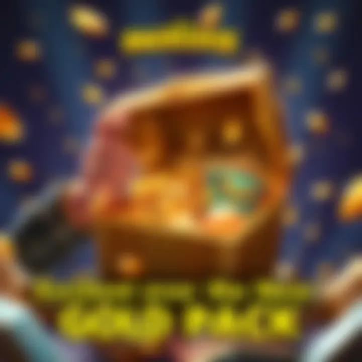 Gold pack opened with treasures A player excitedly opens a gold pack in Packluck, revealing shiny treasures and items inside.