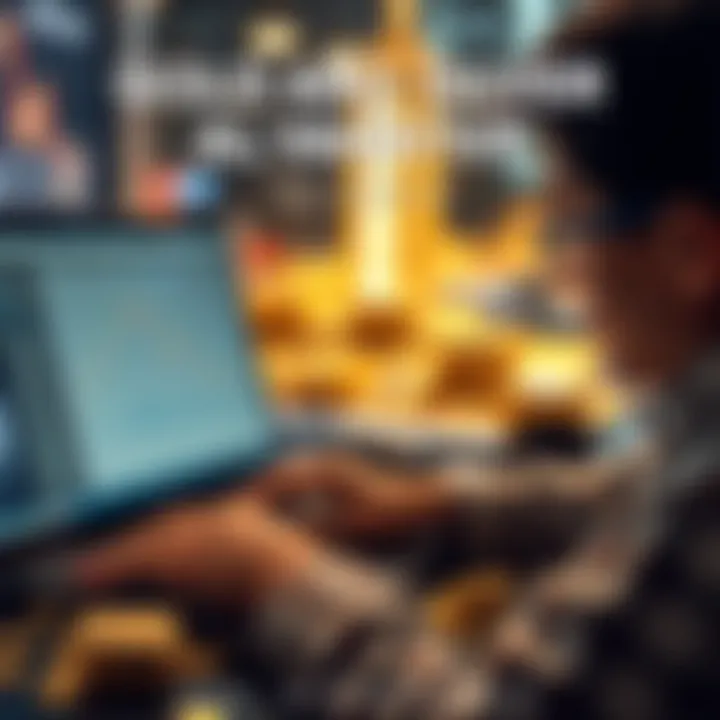 A person researching different options for buying and selling gold and silver after trading has stopped, with a laptop and gold coins in view.