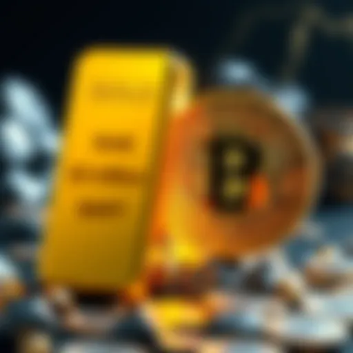 A visual comparison between gold and Bitcoin representing their market values, with gold bars on one side and a Bitcoin logo on the other, highlighting the wealth shift.