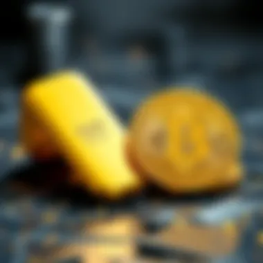 A visual comparison of a gold bar and a Bitcoin symbol, representing different investment assets.