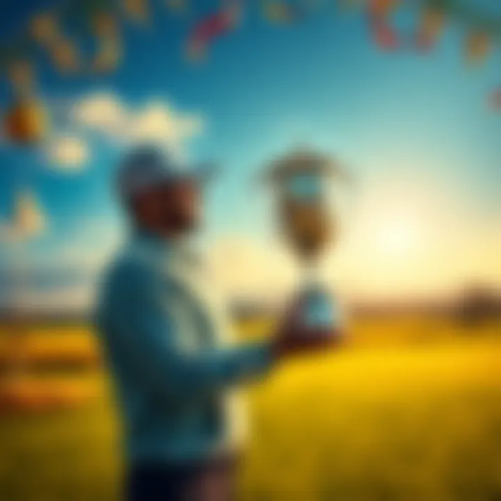 A golfer holding a trophy with a golf course in the background, celebrating a top achievement in golf. The scene is bright and festive, with decorations to mark the occasion.