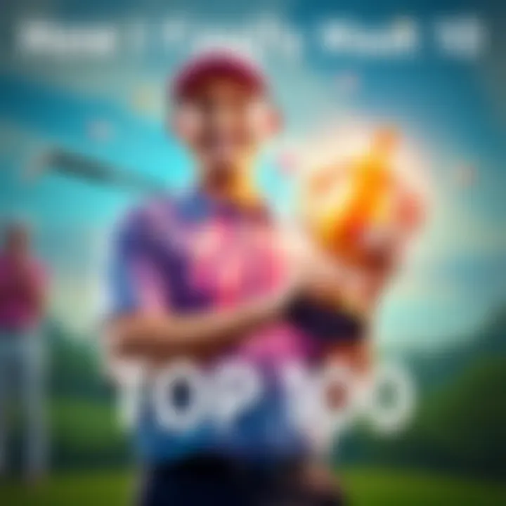 A golfer with a big smile holding a trophy after reaching the top rankings in golf minigames