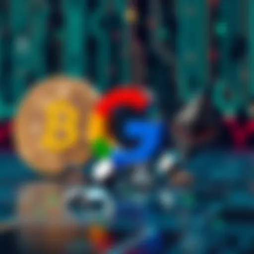 Illustration showing Google logo beside broken Bitcoin and Ethereum symbols, with a background representing quantum computing.