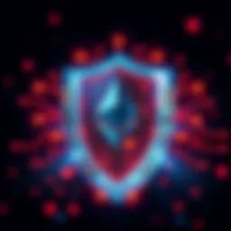 A digital shield representing Ethereum with quantum symbols threatening it, emphasizing security risks.