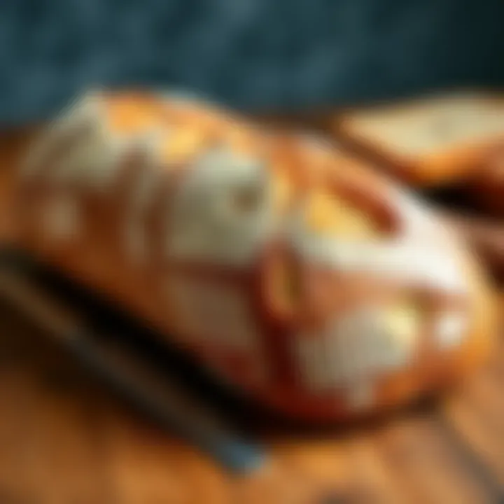 A freshly baked artisan bread loaf on a wooden table with a decorative crust.