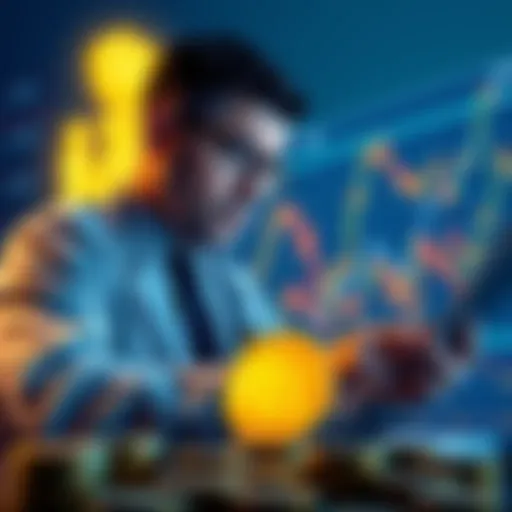 A government official analyzing cryptocurrency charts with digital coins in the foreground