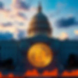 A visual representation of a government building with a Bitcoin symbol, showing the tension between government shutdown and cryptocurrency market.