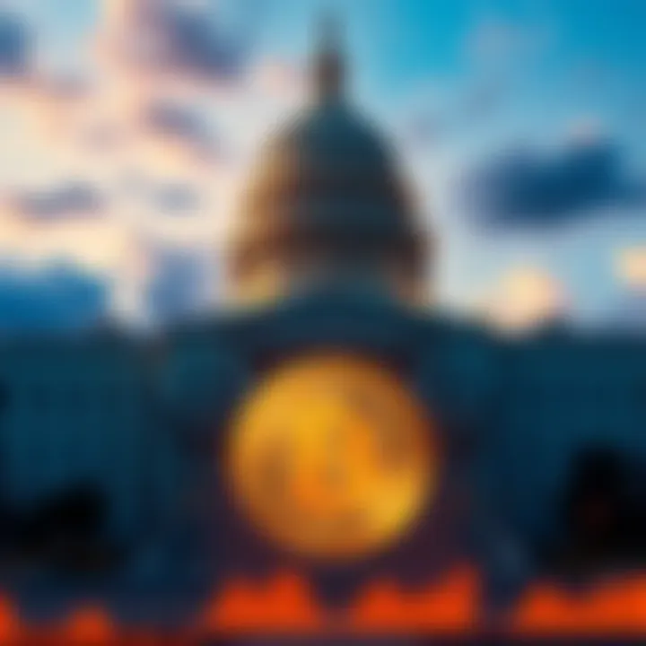 A visual representation of a government building with a Bitcoin symbol, showing the tension between government shutdown and cryptocurrency market.