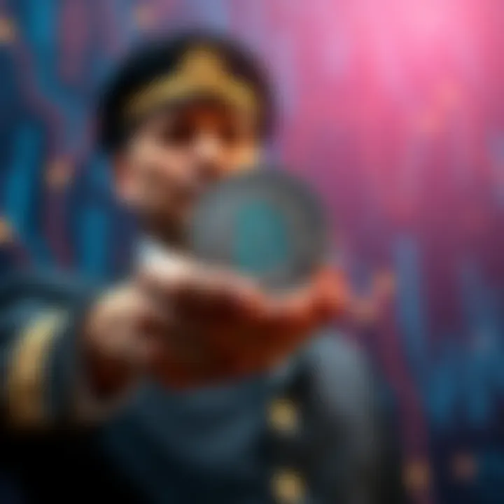 A visual representation of a government official holding a coin labeled 'Stablecoin' with a digital blockchain background, symbolizing the intersection of government and blockchain technology.