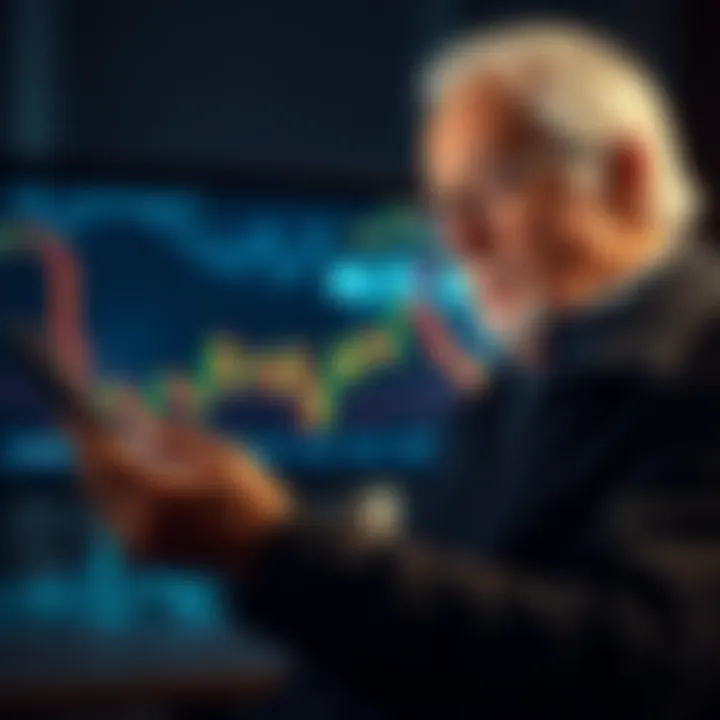 Grandfather looking at Bitcoin chart Elderly man studying Bitcoin price trends on a tablet, showing interest in cryptocurrency.