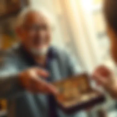 A smiling grandfather giving a coin collection to a happy person, showcasing coins in a box